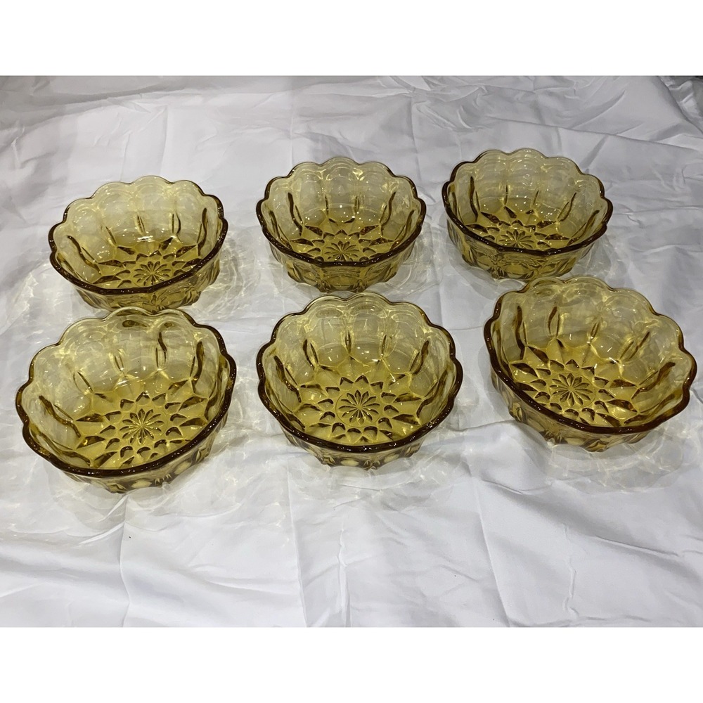 Set Of 6 Vintage "Fairfield" Amber Glass Serving Bowls by Anchor Hocking